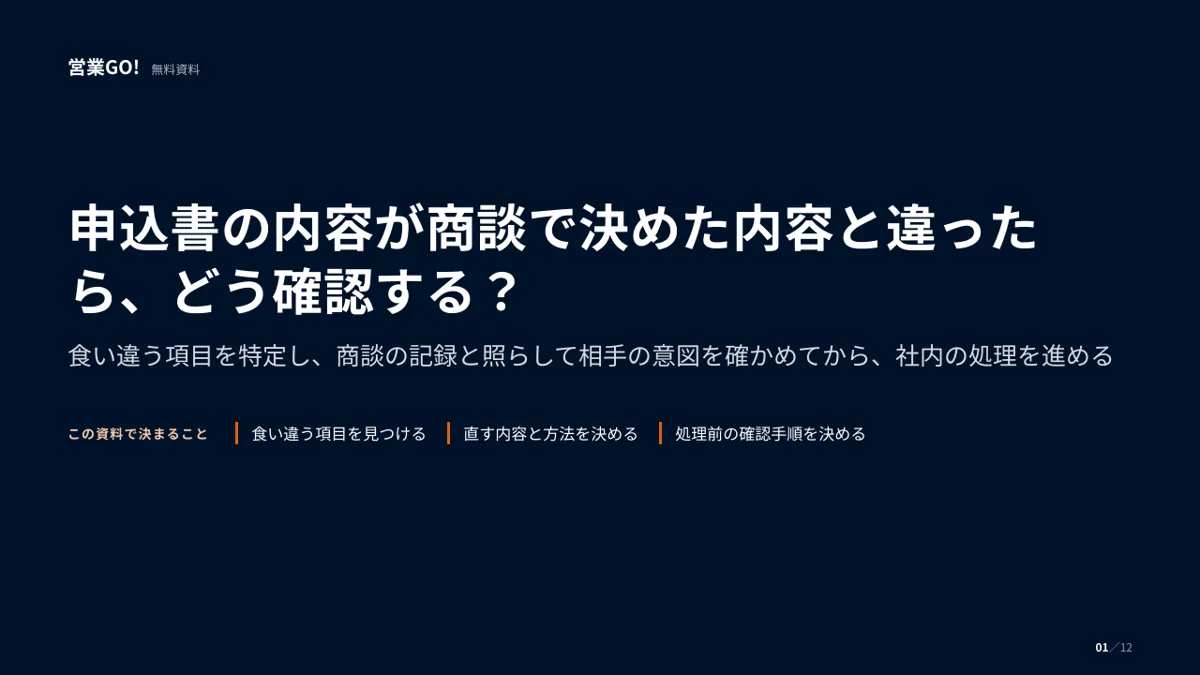 申込書の内容が商談で決めた内容と違ったら、どう確認する? 表紙