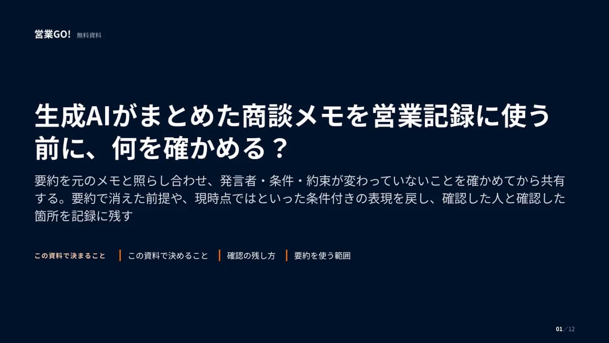 生成AIがまとめた商談メモを営業記録に使う前に、何を確かめる? 表紙