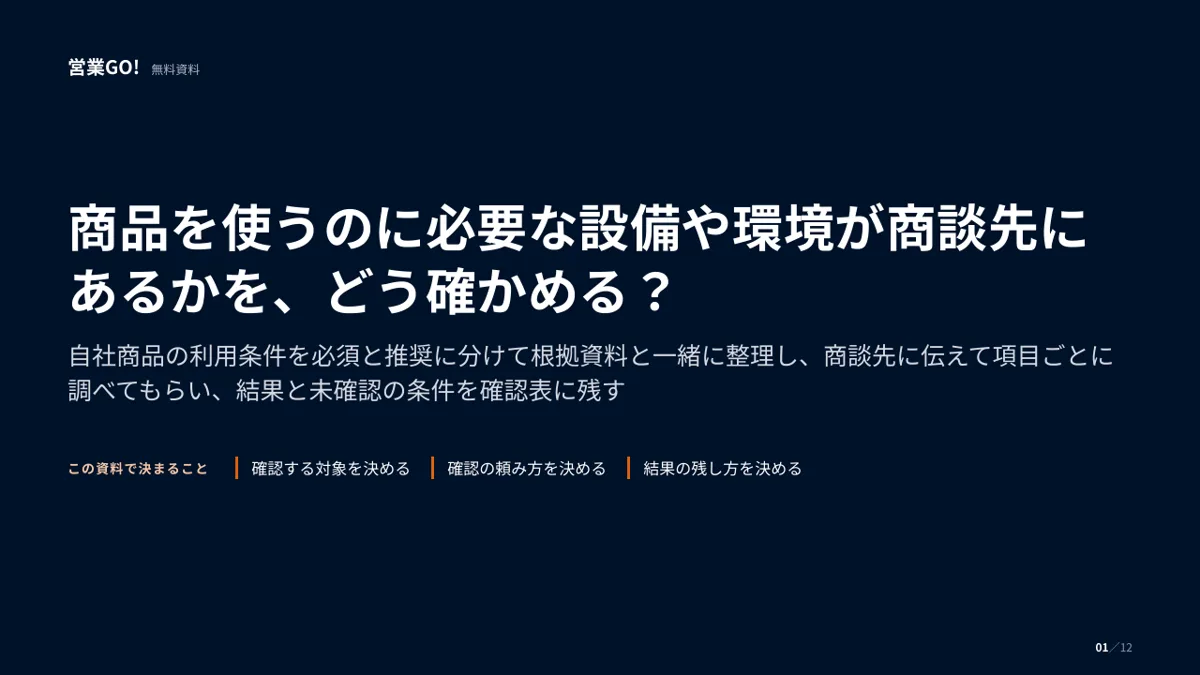 商品を使うのに必要な設備や環境が商談先にあるかを、どう確かめる? 表紙