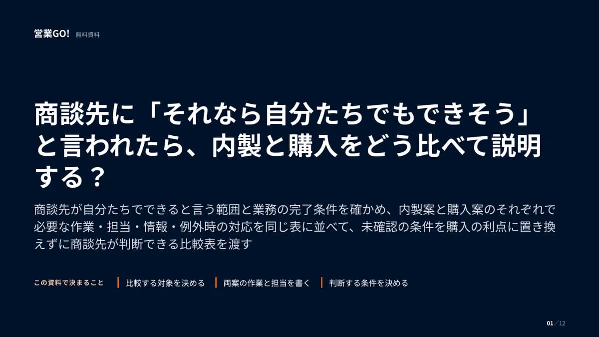商談先に「それなら自分たちでもできそう」と言われたら、内製と購入をどう比べて説明する? 表紙