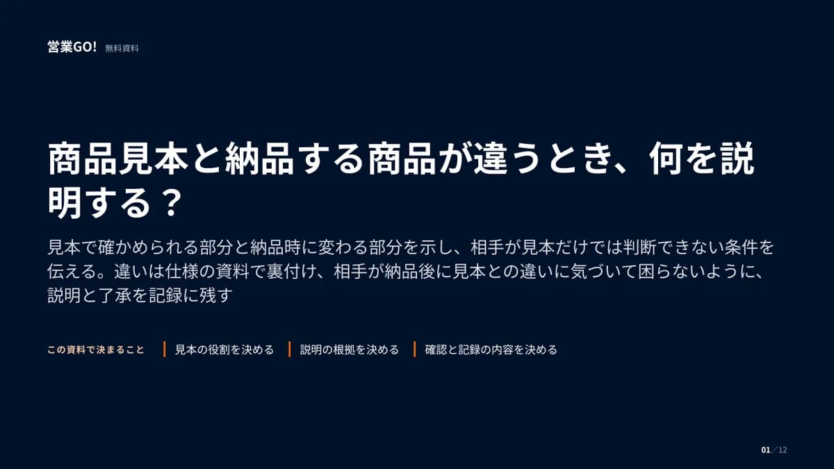 商品見本と納品する商品が違うとき、何を説明する? 表紙