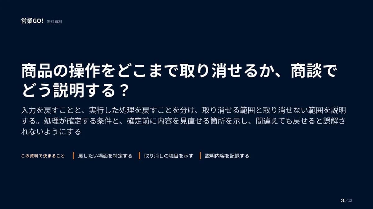 商品の操作をどこまで取り消せるか、商談でどう説明する? 表紙