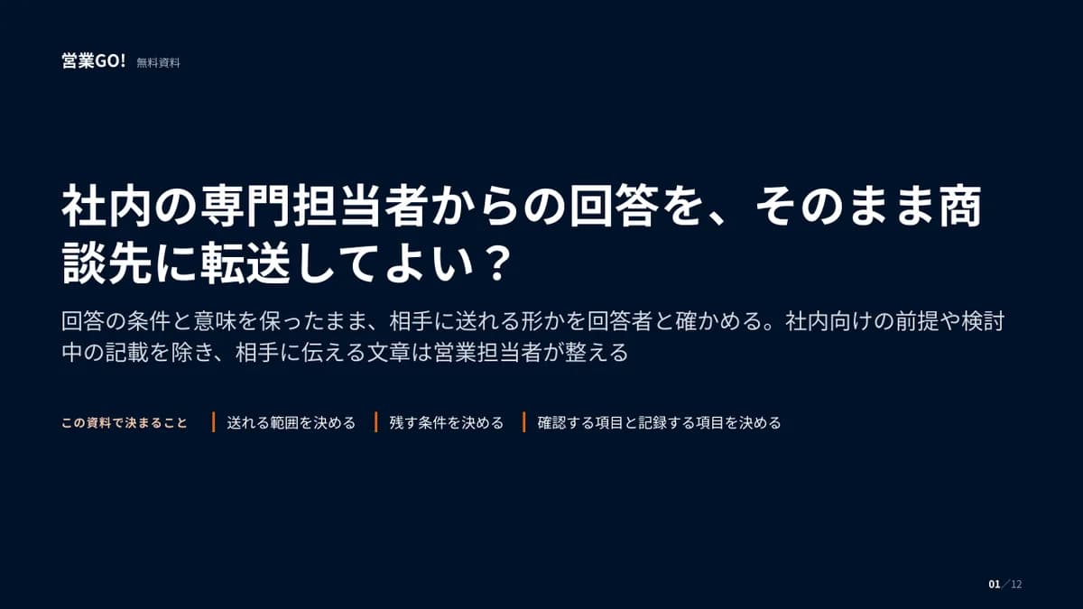 社内の専門担当者からの回答を、そのまま商談先に転送してよい? 表紙