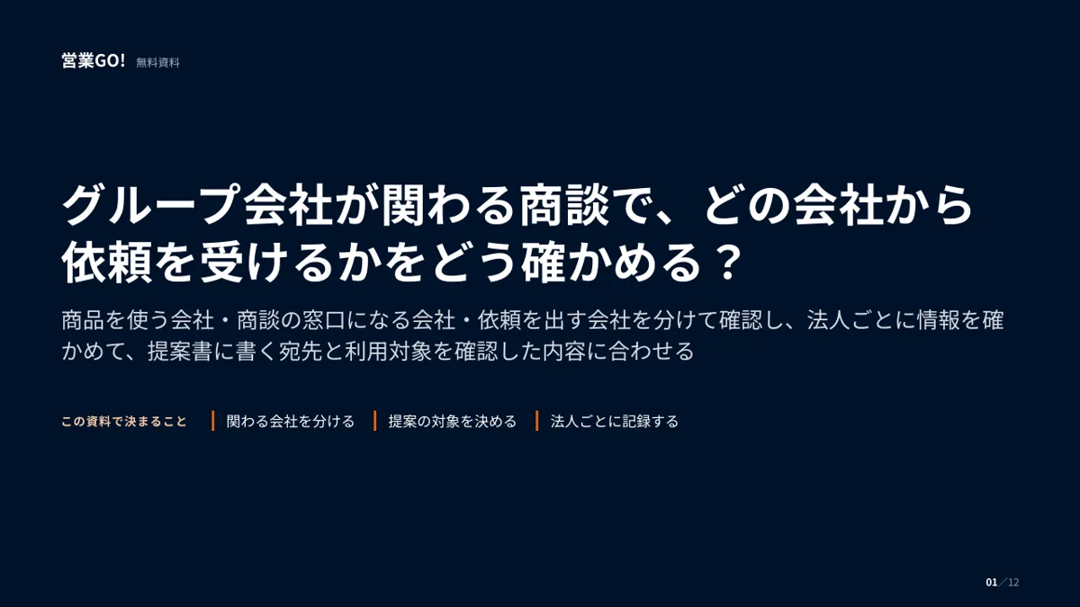 グループ会社が関わる商談で、どの会社から依頼を受けるかをどう確かめる? 表紙