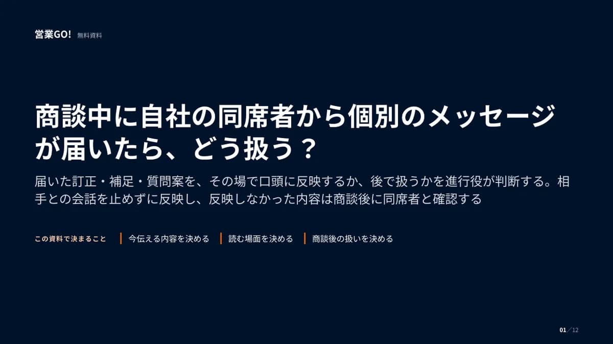 商談中に自社の同席者から個別のメッセージが届いたら、どう扱う? 表紙