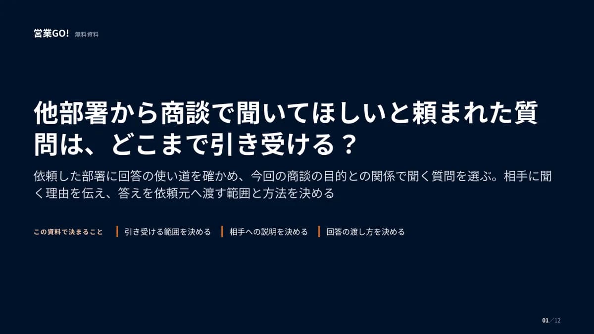 他部署から商談で聞いてほしいと頼まれた質問は、どこまで引き受ける? 表紙