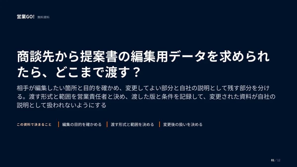 商談先から提案書の編集用データを求められたら、どこまで渡す? 表紙