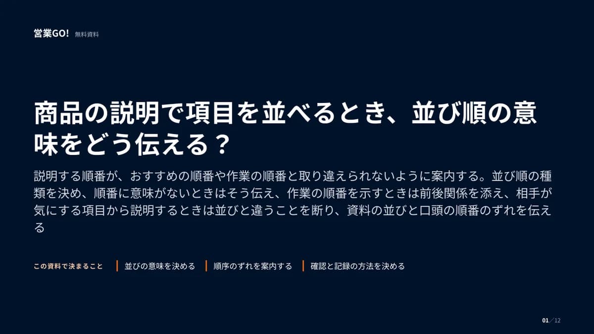 商品の説明で項目を並べるとき、並び順の意味をどう伝える? 表紙