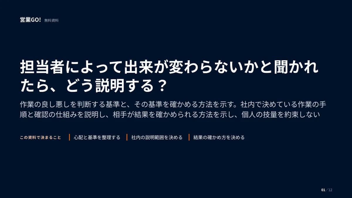 担当者によって出来が変わらないかと聞かれたら、どう説明する? 表紙