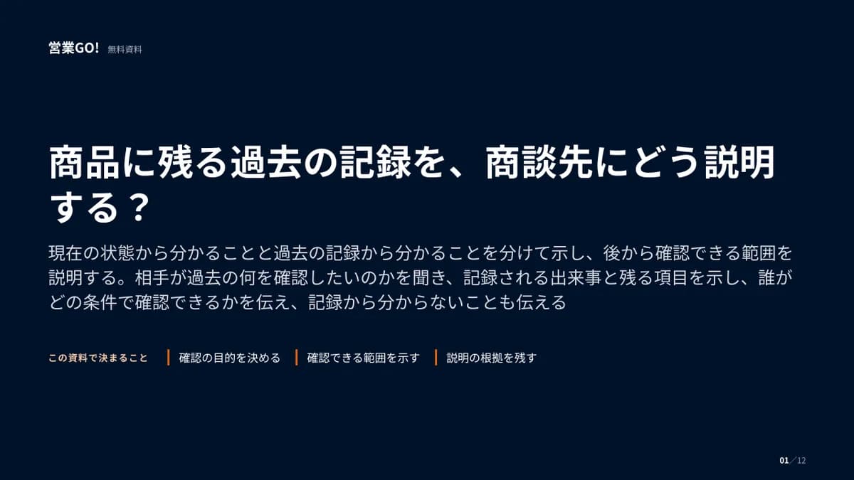 商品に残る過去の記録を、商談先にどう説明する? 表紙
