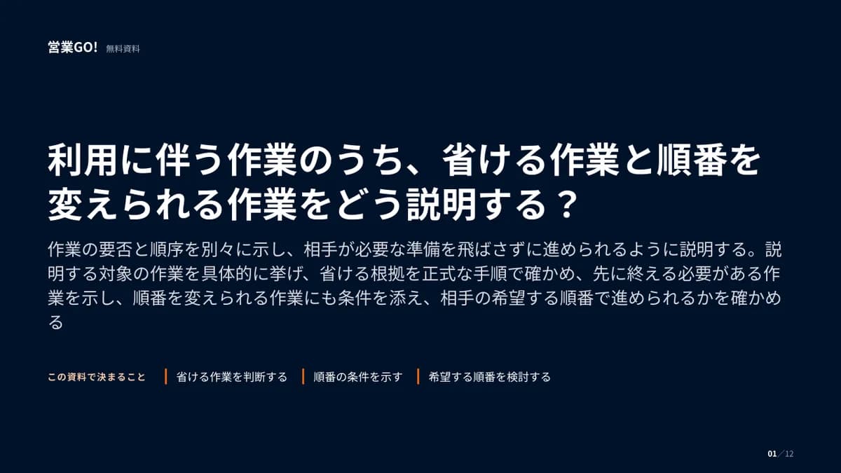 利用に伴う作業のうち、省ける作業と順番を変えられる作業をどう説明する? 表紙