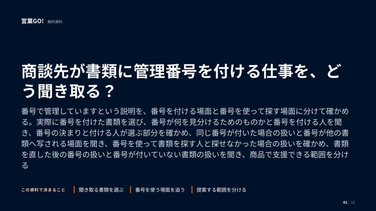 商談先が書類に管理番号を付ける仕事を、どう聞き取る? 表紙