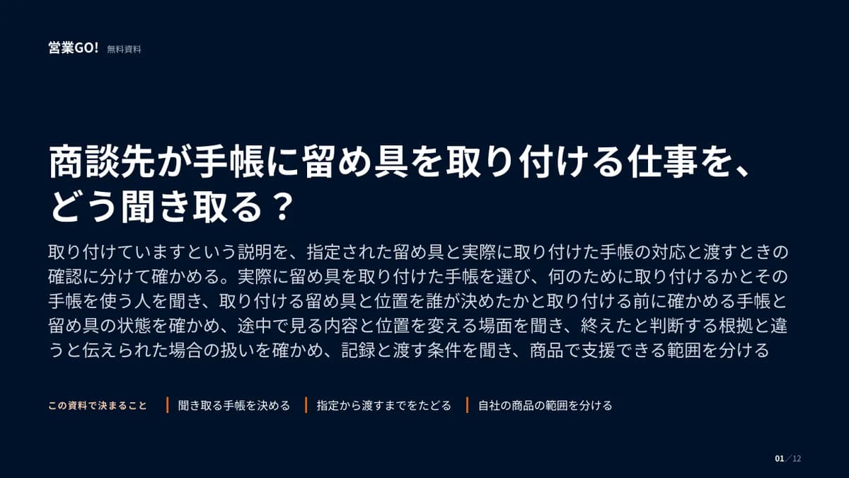 商談先が手帳に留め具を取り付ける仕事を、どう聞き取る? 表紙