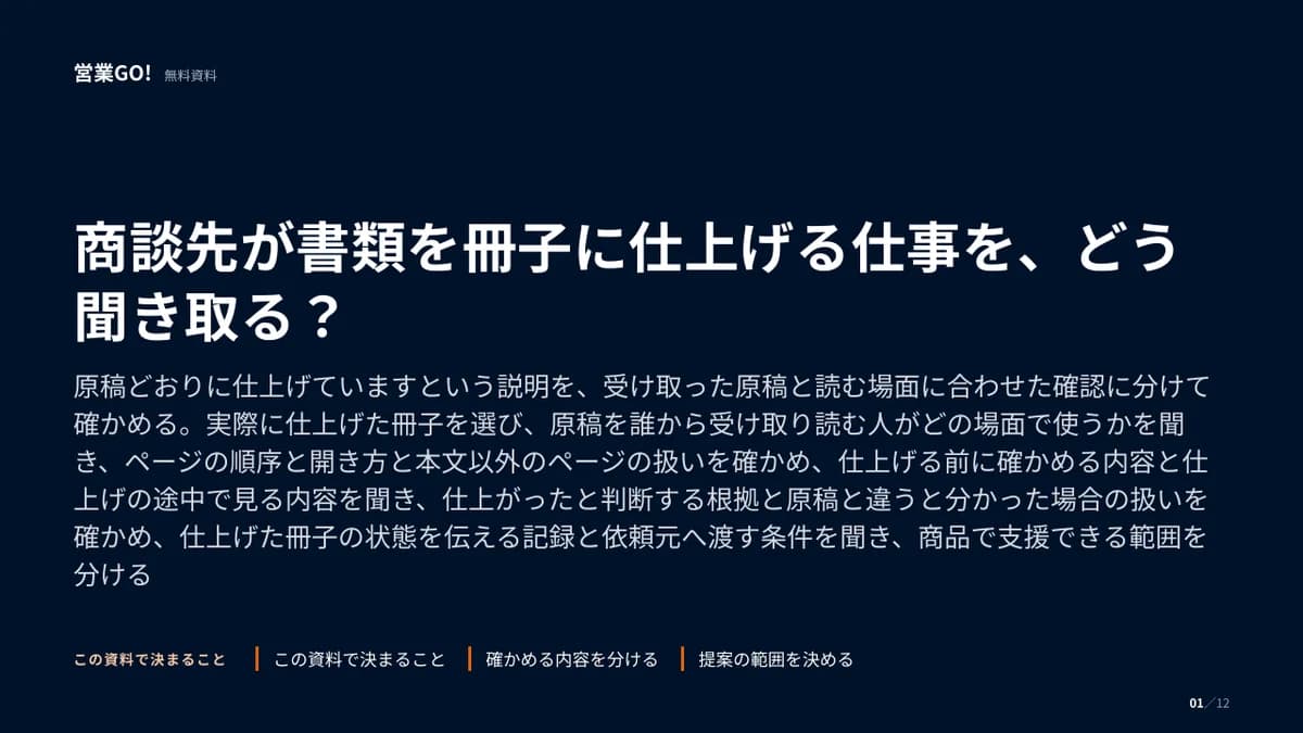 商談先が書類を冊子に仕上げる仕事を、どう聞き取る? 表紙