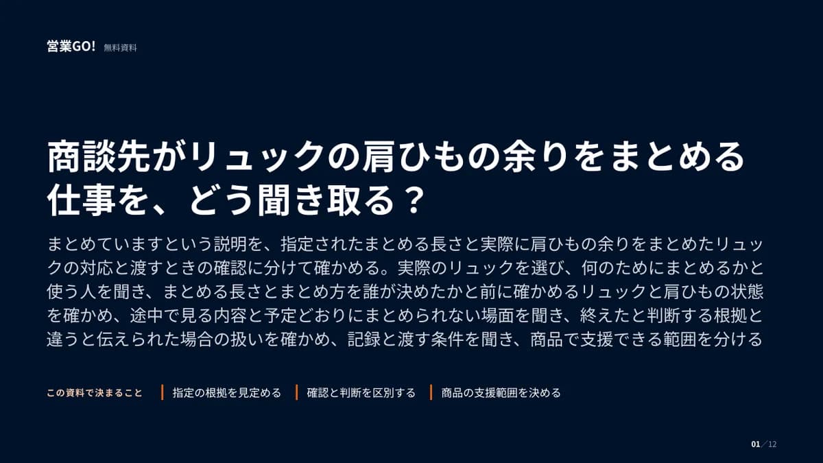 商談先がリュックの肩ひもの余りをまとめる仕事を、どう聞き取る? 表紙