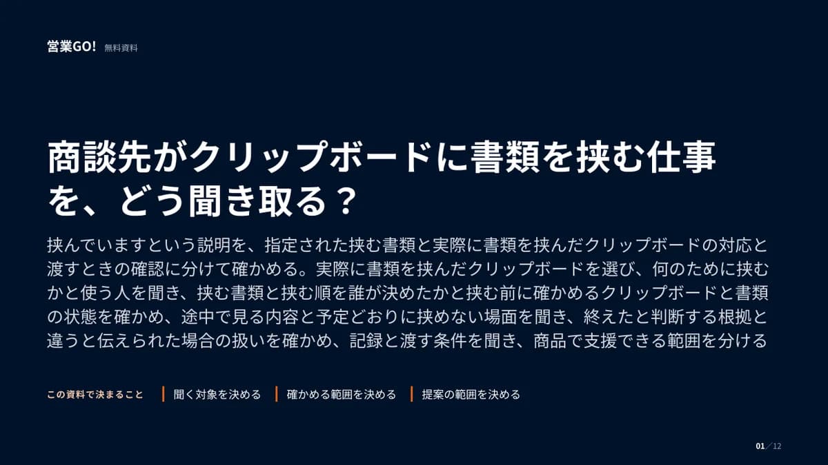 商談先がクリップボードに書類を挟む仕事を、どう聞き取る? 表紙