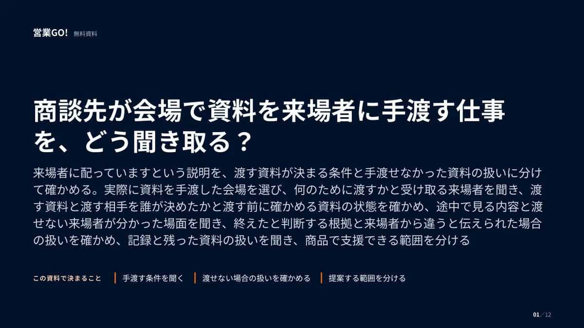 商談先が会場で資料を来場者に手渡す仕事を、どう聞き取る? 表紙
