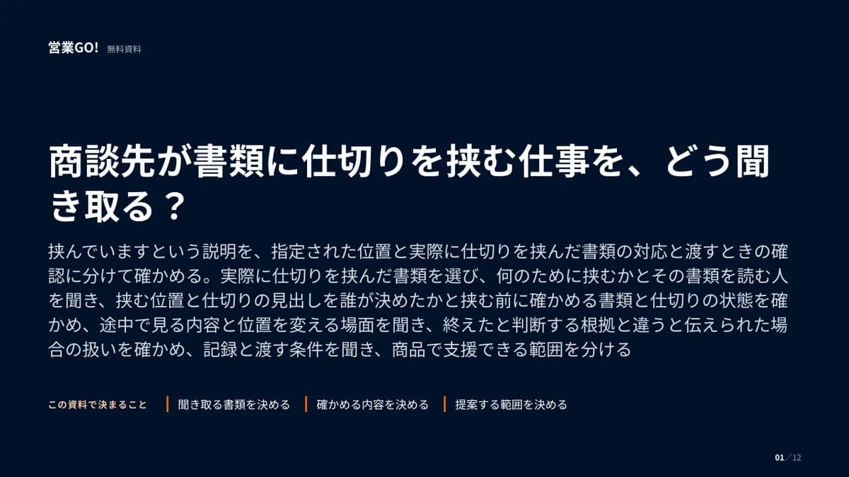 商談先が書類に仕切りを挟む仕事を、どう聞き取る? 表紙