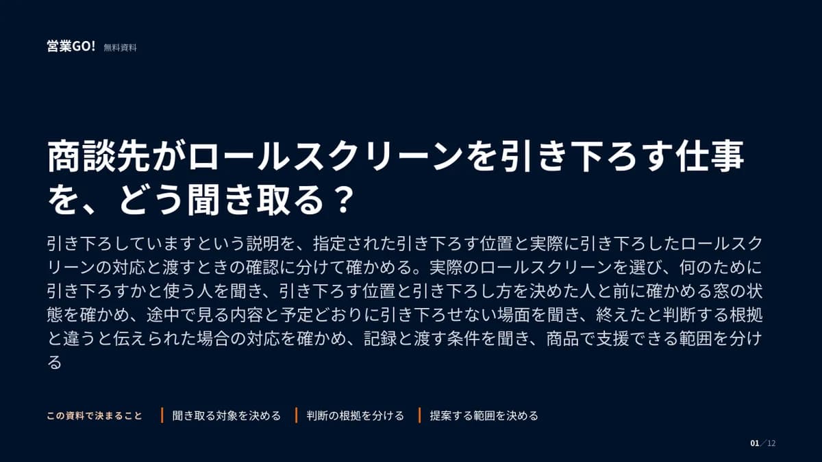 商談先がロールスクリーンを引き下ろす仕事を、どう聞き取る? 表紙