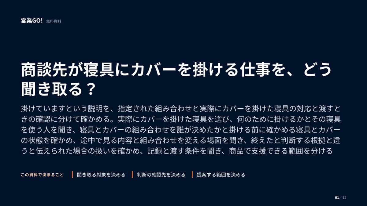 商談先が寝具にカバーを掛ける仕事を、どう聞き取る? 表紙