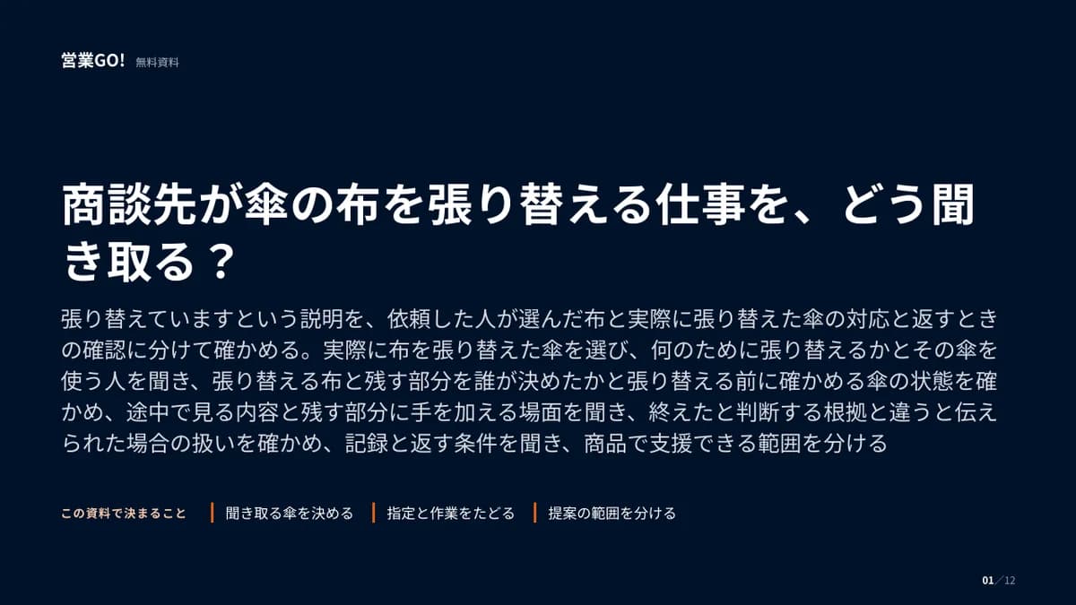 商談先が傘の布を張り替える仕事を、どう聞き取る? 表紙