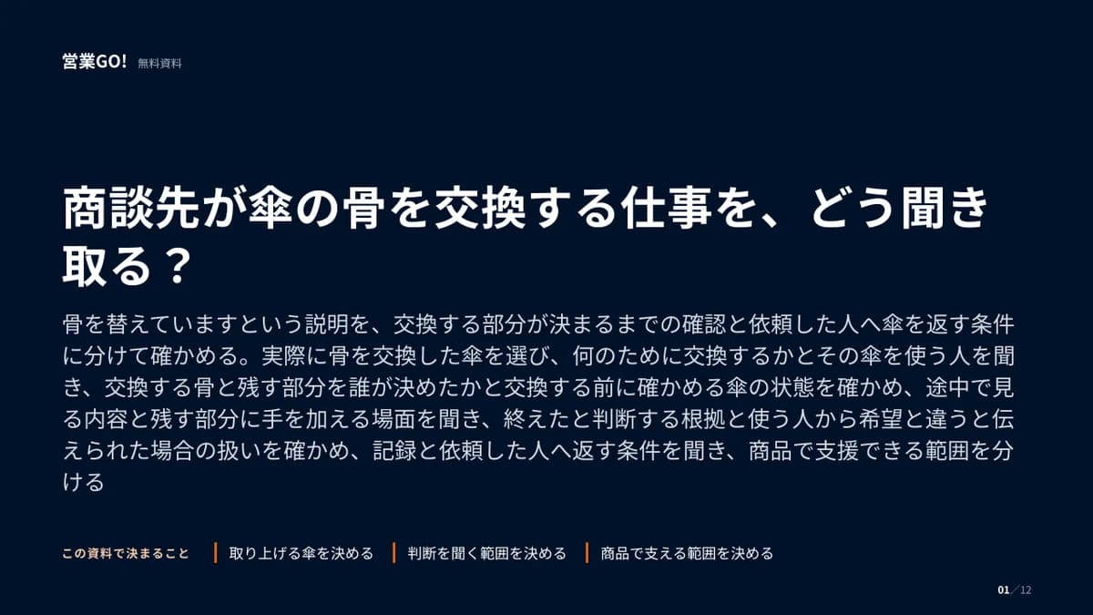 商談先が傘の骨を交換する仕事を、どう聞き取る? 表紙