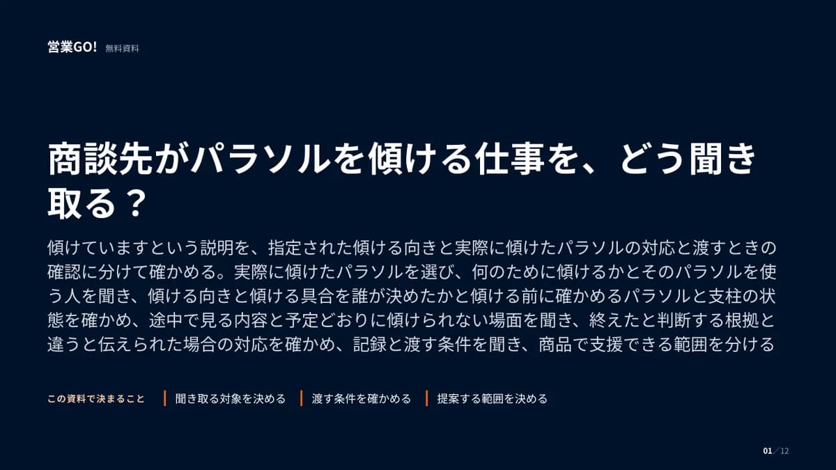 商談先がパラソルを傾ける仕事を、どう聞き取る? 表紙