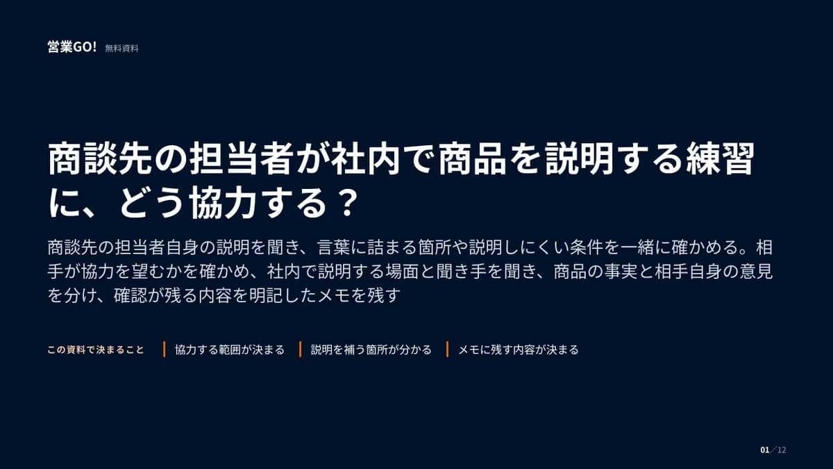 商談先の担当者が社内で商品を説明する練習に、どう協力する? 表紙