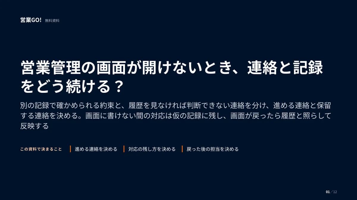 営業管理の画面が開けないとき、連絡と記録をどう続ける? 表紙