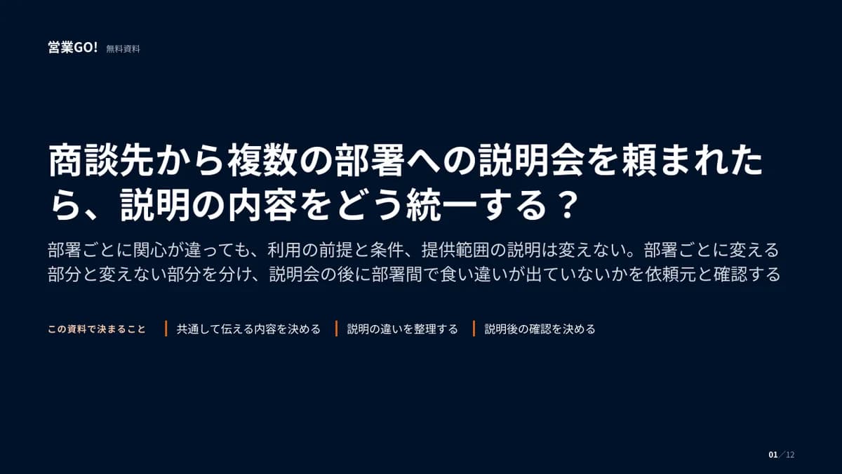 商談先から複数の部署への説明会を頼まれたら、説明の内容をどう統一する? 表紙