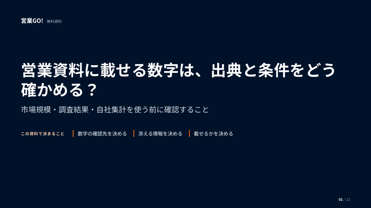 営業資料に載せる数字は、出典と条件をどう確かめる? 表紙