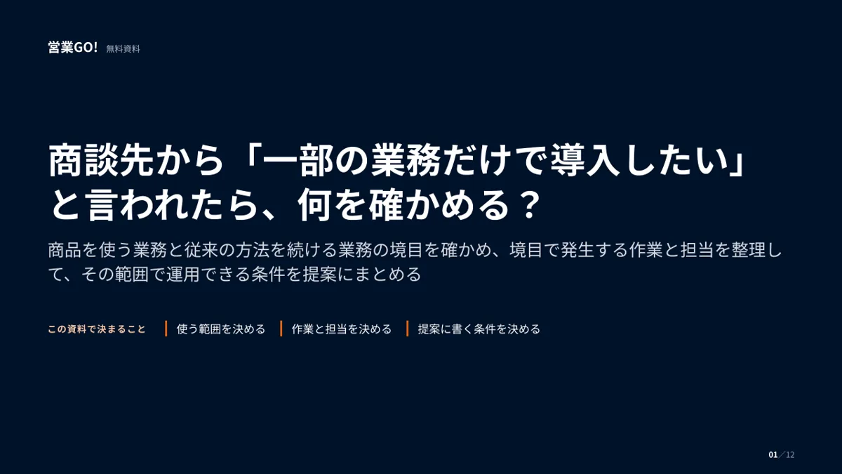 商談先から「一部の業務だけで導入したい」と言われたら、何を確かめる? 表紙