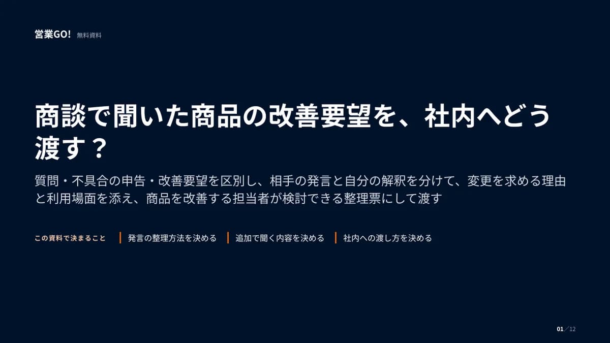 商談で聞いた商品の改善要望を、社内へどう渡す? 表紙