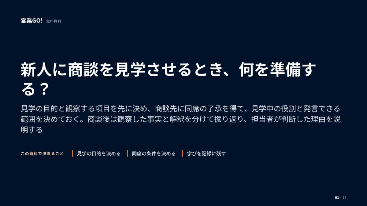 新人に商談を見学させるとき、何を準備する? 表紙