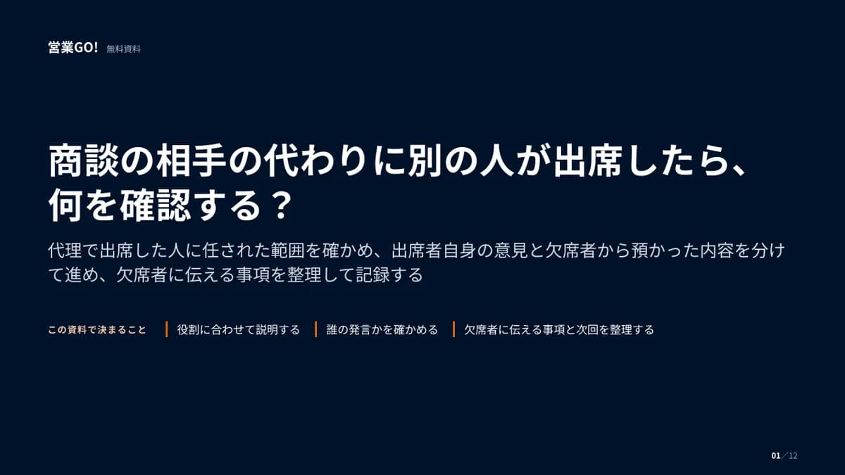 商談の相手の代わりに別の人が出席したら、何を確認する? 表紙