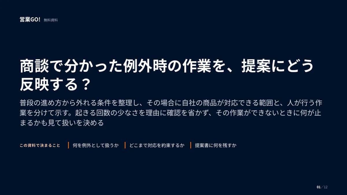 商談で分かった例外時の作業を、提案にどう反映する? 表紙