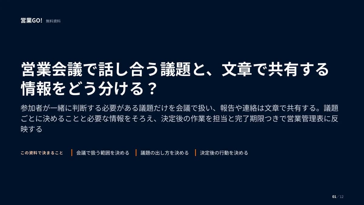 営業会議で話し合う議題と、文章で共有する情報をどう分ける? 表紙