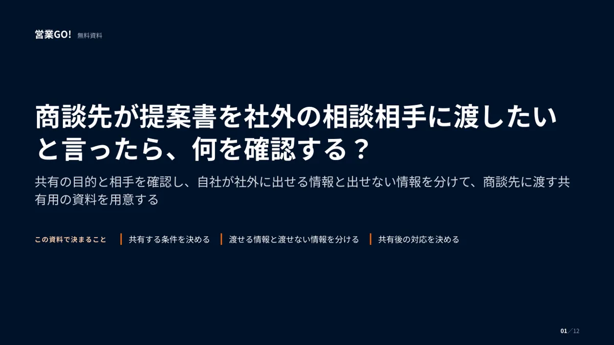 商談先が提案書を社外の相談相手に渡したいと言ったら、何を確認する? 表紙