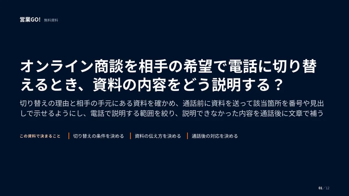 オンライン商談を相手の希望で電話に切り替えるとき、資料の内容をどう説明する? 表紙