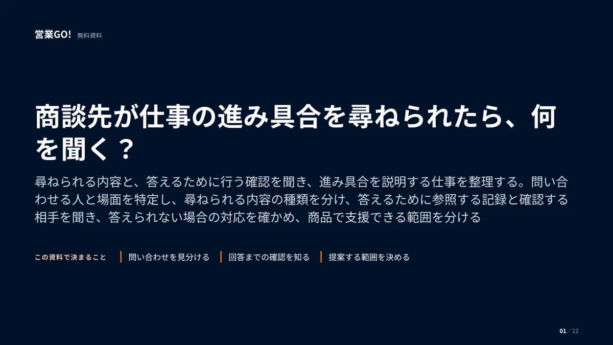 商談先が仕事の進み具合を尋ねられたら、何を聞く? 表紙