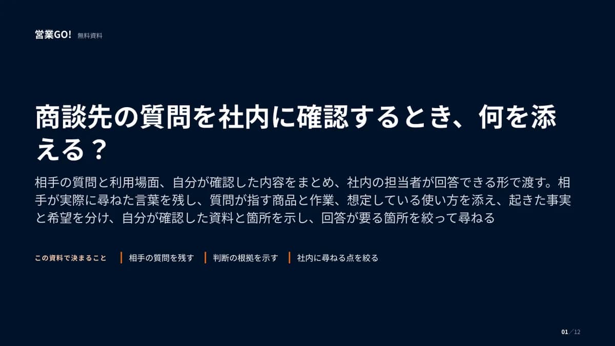 商談先の質問を社内に確認するとき、何を添える? 表紙