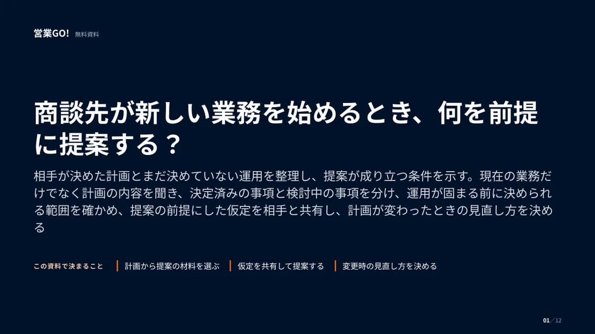 商談先が新しい業務を始めるとき、何を前提に提案する? 表紙