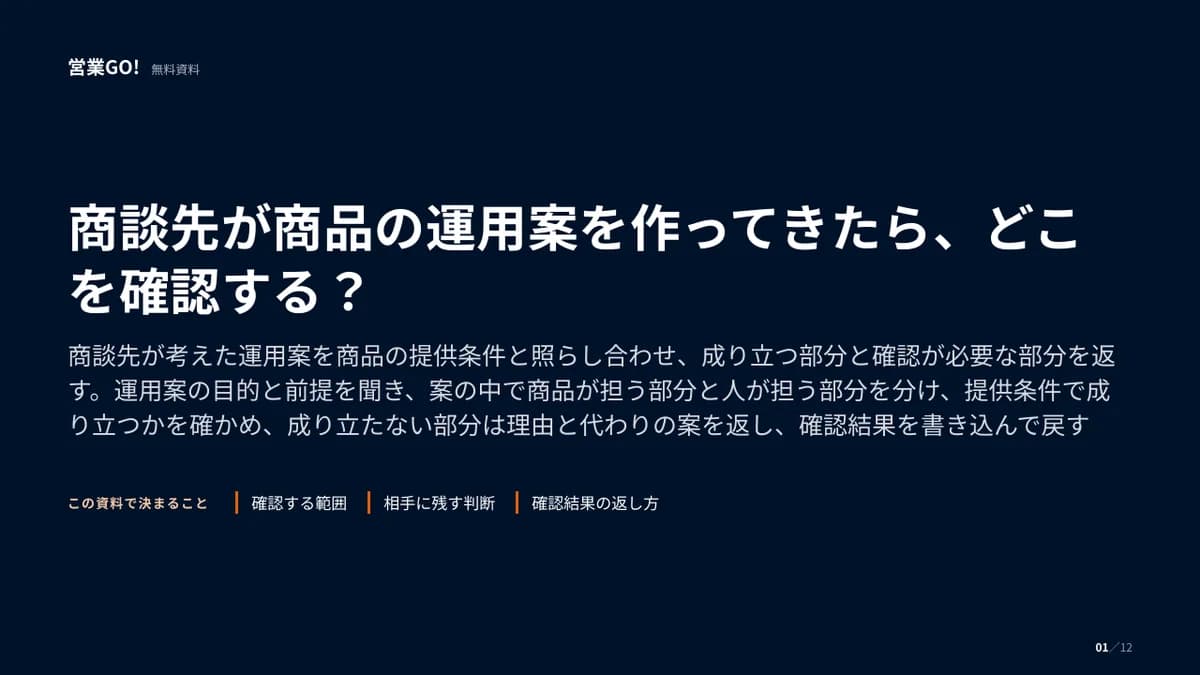 商談先が商品の運用案を作ってきたら、どこを確認する? 表紙