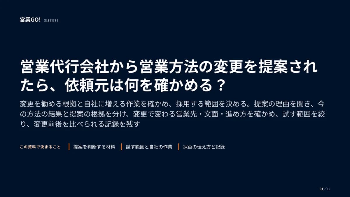 営業代行会社から営業方法の変更を提案されたら、依頼元は何を確かめる? 表紙