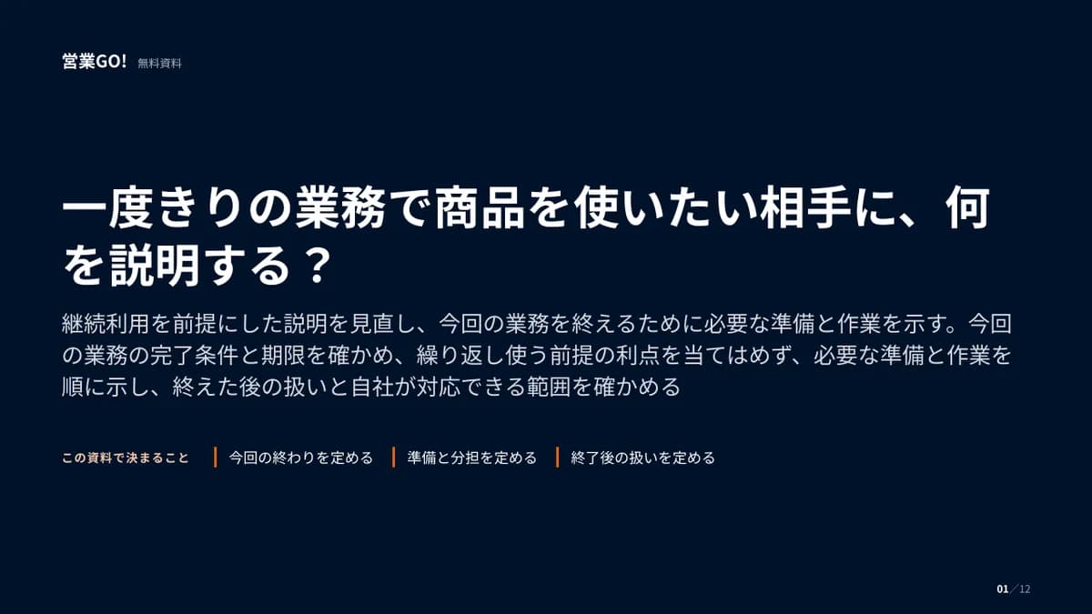 一度きりの業務で商品を使いたい相手に、何を説明する? 表紙