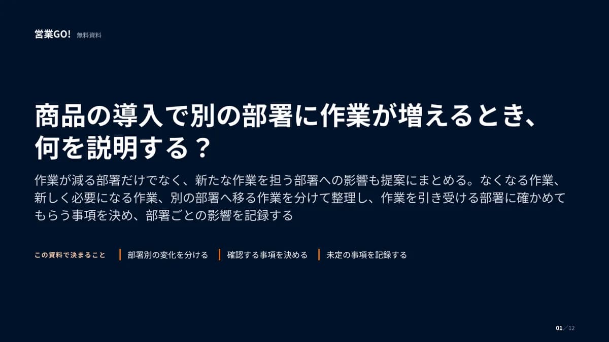 商品の導入で別の部署に作業が増えるとき、何を説明する? 表紙