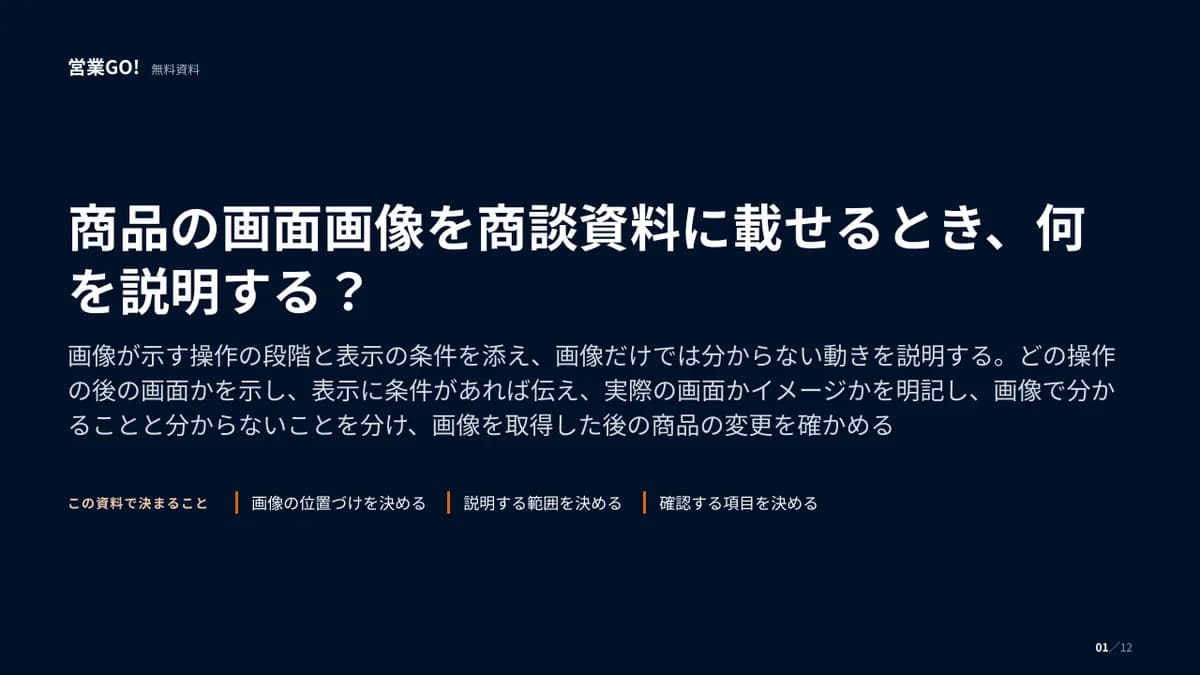 商品の画面画像を商談資料に載せるとき、何を説明する? 表紙