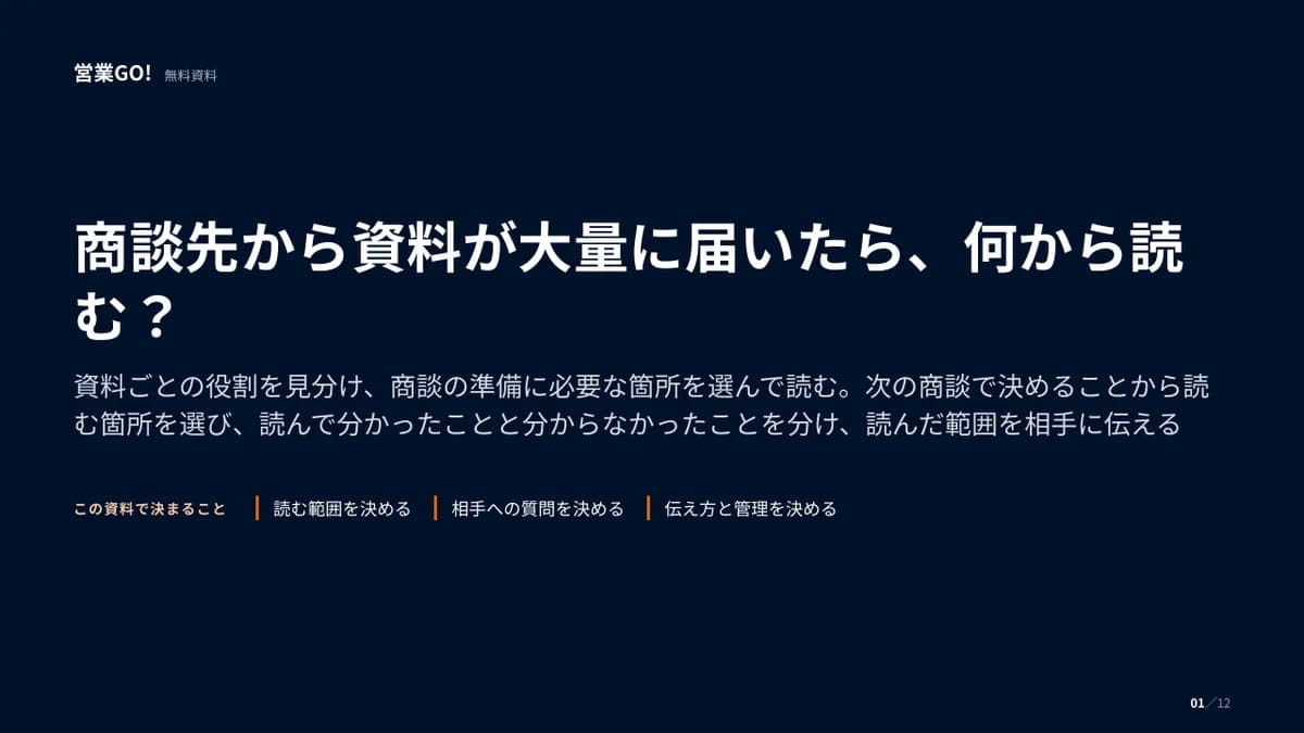 商談先から資料が大量に届いたら、何から読む? 表紙