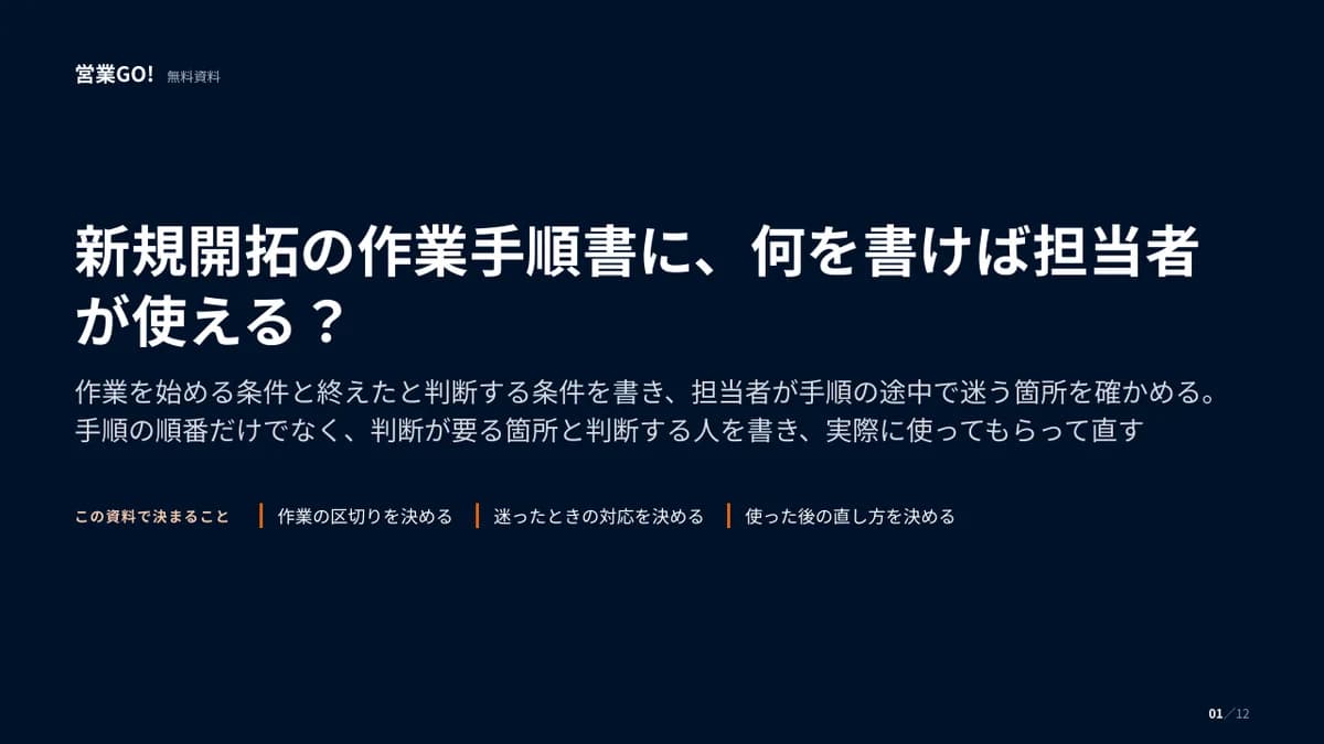 新規開拓の作業手順書に、何を書けば担当者が使える? 表紙