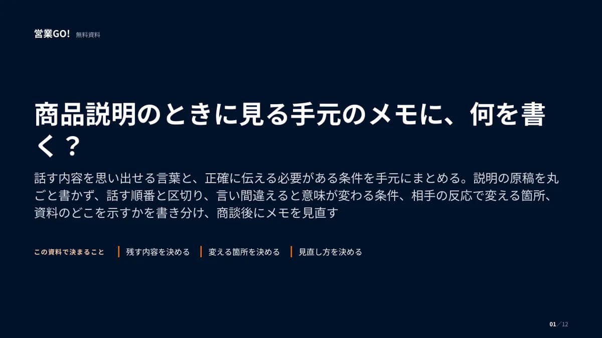 商品説明のときに見る手元のメモに、何を書く? 表紙